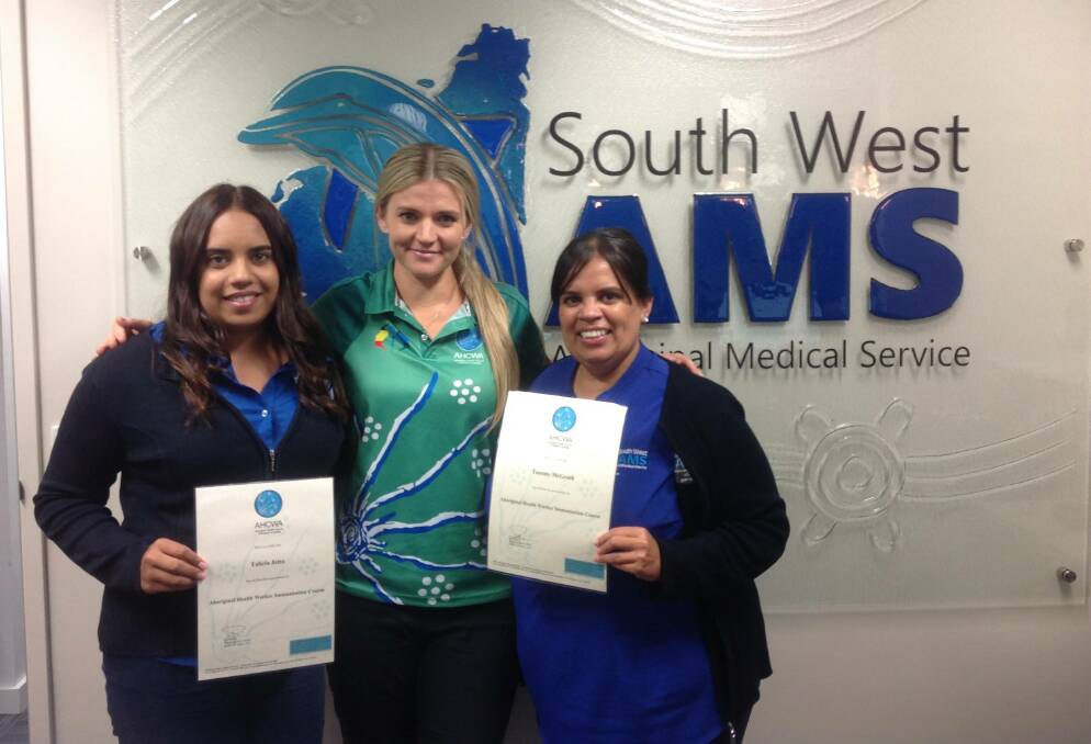 SWAMS Aboriginal health workers Tammy McGrath and Talicia Jetta with course coordinator Stacee Burrows in the centre.