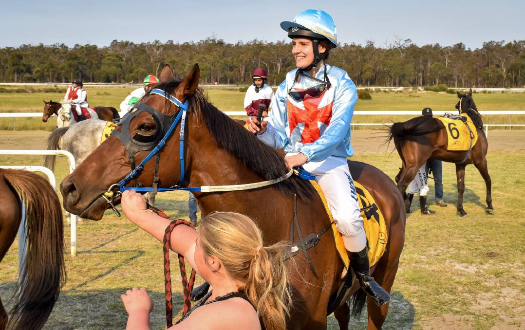 Apprentice jockey Shelby Colgate and Gee Pee Ess returning to the mounting yard after winning the 2016 Collie Cup. 