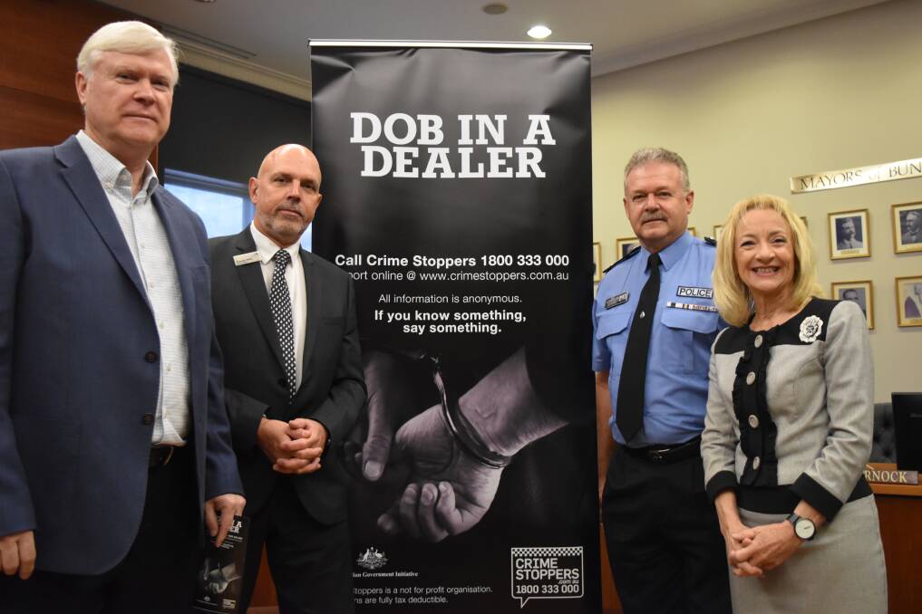 Crime Stoppers CEO Kim Harrison, City of Bunbury deputy mayor Brendan Kelly, South West Police Superintendent Mick Sutherland and Federal Member for Forrest Nola Marino at Wednesday's Dob in a Dealer launch. Photo: Blayde Grzelka.