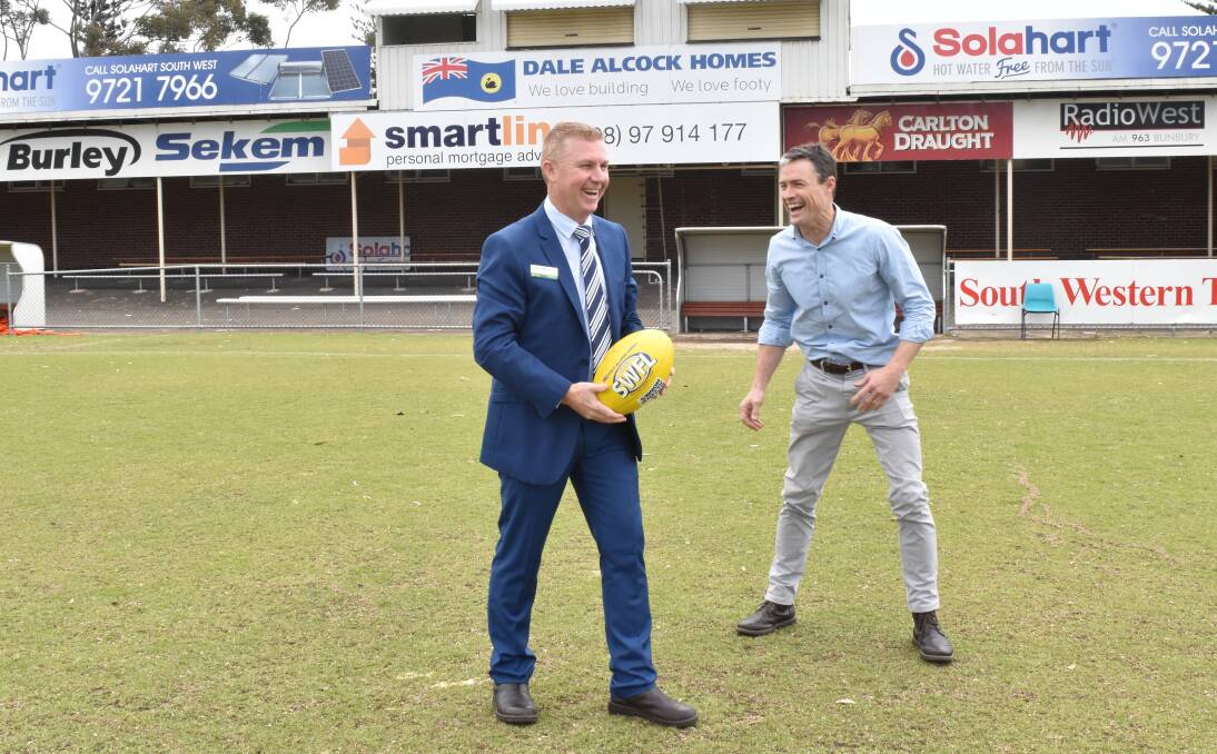 In need of repair: Nationals WA candidate for Bunbury James Hayward and former AFL footballer Andrew MacNish at Hands Oval which Mr Hayward hopes to redevelop if elected in March. Photo: Jeremy Hedley.