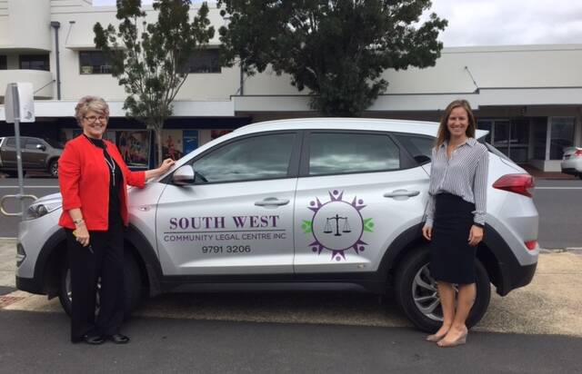 South West Community Legal Centre chief executive officer Julie-ann Lorca and principal solicitor Samantha Bettenay with the centre's new vehicle, obtained through a Lotterywest grant. 