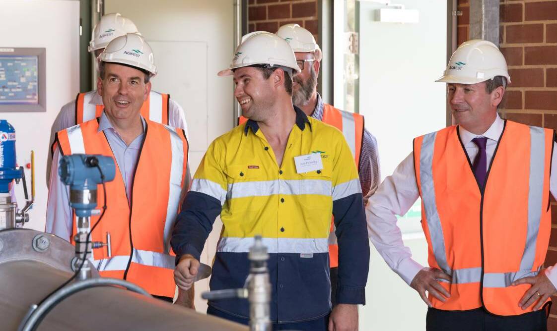 Bunbury MLA Don Punch, WA Premier Mark McGowan and Water minister Dave Kelly joined representatives from Aqwest recently toured Bunbury's water treatment plant. Photo: Supplied.