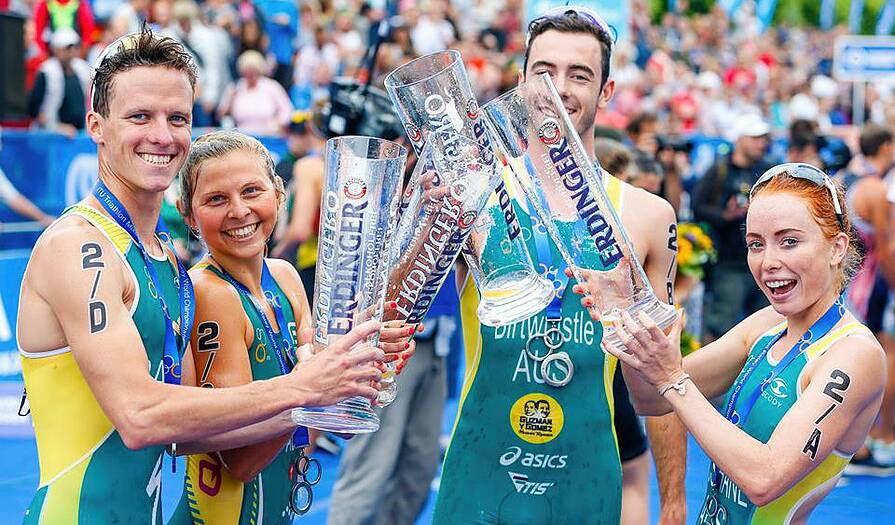 Bunbury triathlete Ryan Bailie, with Australian teammates Emma Jackson, Jake Birtwhistle and Charlotte McShane, has used a World Triathlon Series event in Hamburg, Germany as his final hit out before the 2016 Olympics in Rio. Photo: Tommy Zaferes.