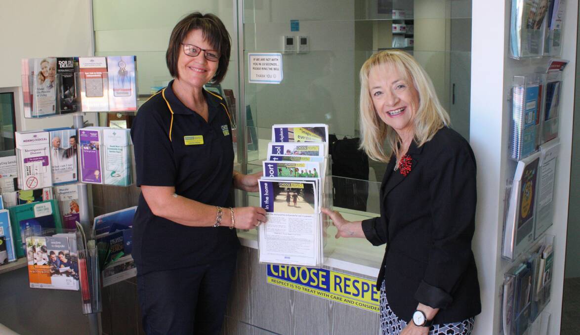Bunbury Respect coordinator Leanne Maher delivering the Choose Respect resources to Federal Member for Forrest Nola Marino's office. 