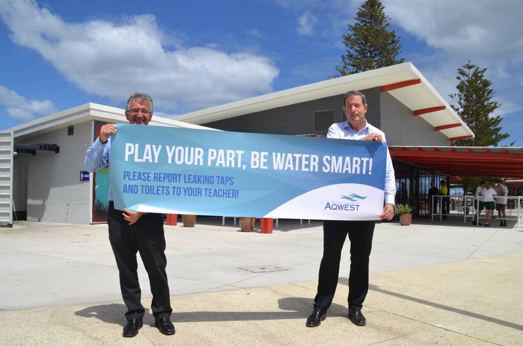Water wise: Aqwest chairperson Stan Liaros and City of Bunbury Mayor Gary Brennan have celebrated the launch of a new campaign to monitor leaks in public toilet blocks. Photo: Thomas Munday. 