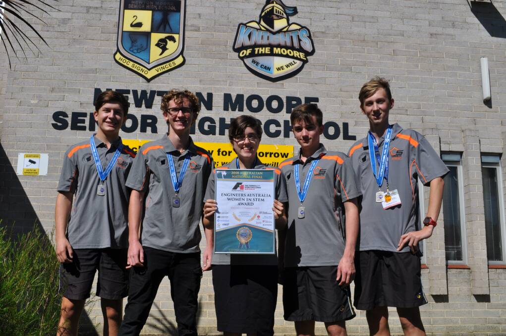 Celebrations: Newton Moore SHS students Harry Smith, Kage Geyer, Bonnie Cook, Brodie Cook and Jordan Neill celebrating their successes at this year's F1 in Schools National Championships. Photo: Thomas Munday.