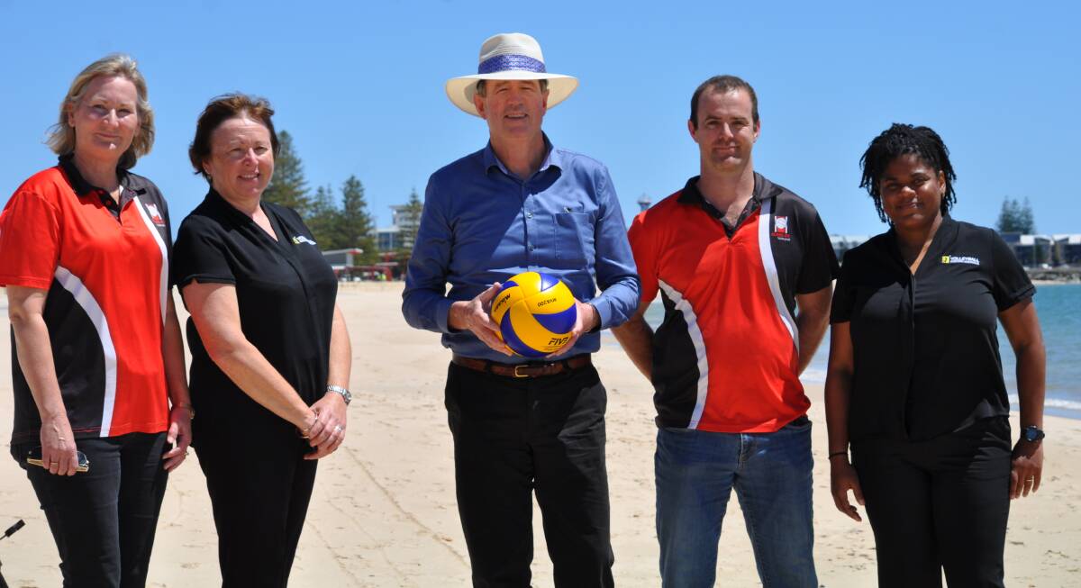 For the love of the game: Bunbury Volleyball Association president Sue Seymour, Volleyball WA executive director Robyn Kuhl, City of Bunbury Mayor Gary Brennan, Bunbury Volleyball Association vice-president Warren McVittie and Volleyball WA participation and development manager Karen Wickham. Photo: Thomas Munday. 