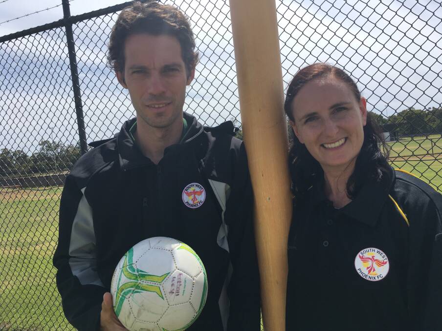 Ready to play: South West Phoenix Football Club ladies team head coach Stephen Suttie and assistant coach Nicole Suttie. Photo: Supplied. 