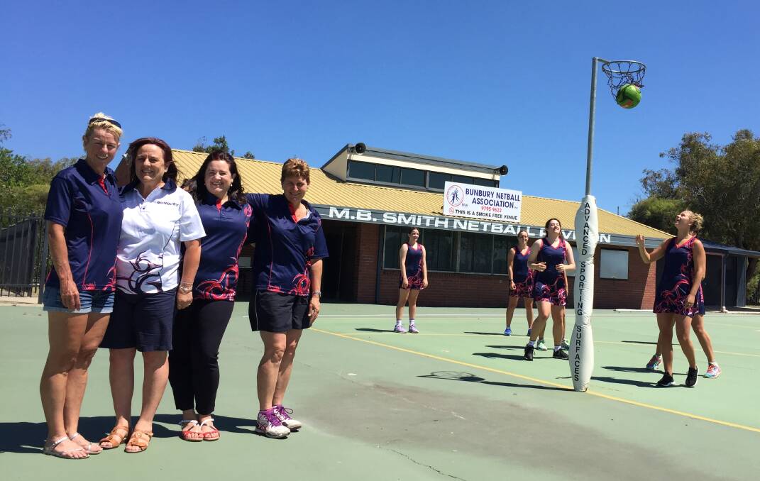 Shooting for success: Bunbury Netball Association President Trish Welsh, the committee and players getting ready for another season. Photo: Thomas Munday. 