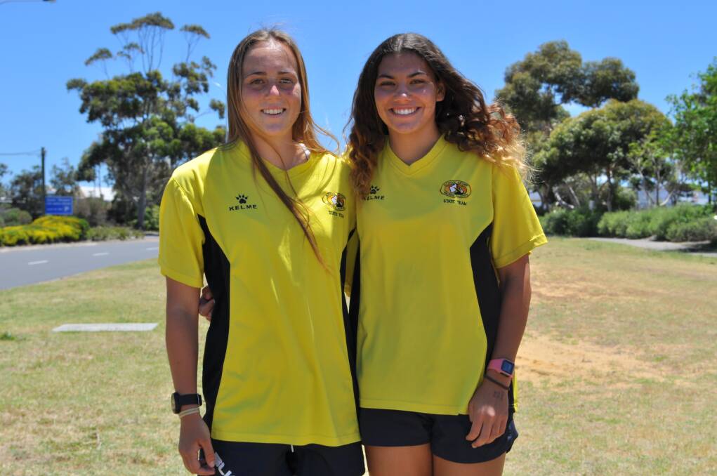 Ready to play: Bunbury Soccer stars Kloe Bassett and Courtney Butlion are training for the State School Girls U19s Soccer side's matches against international sides in December. Photo: Thomas Munday. 