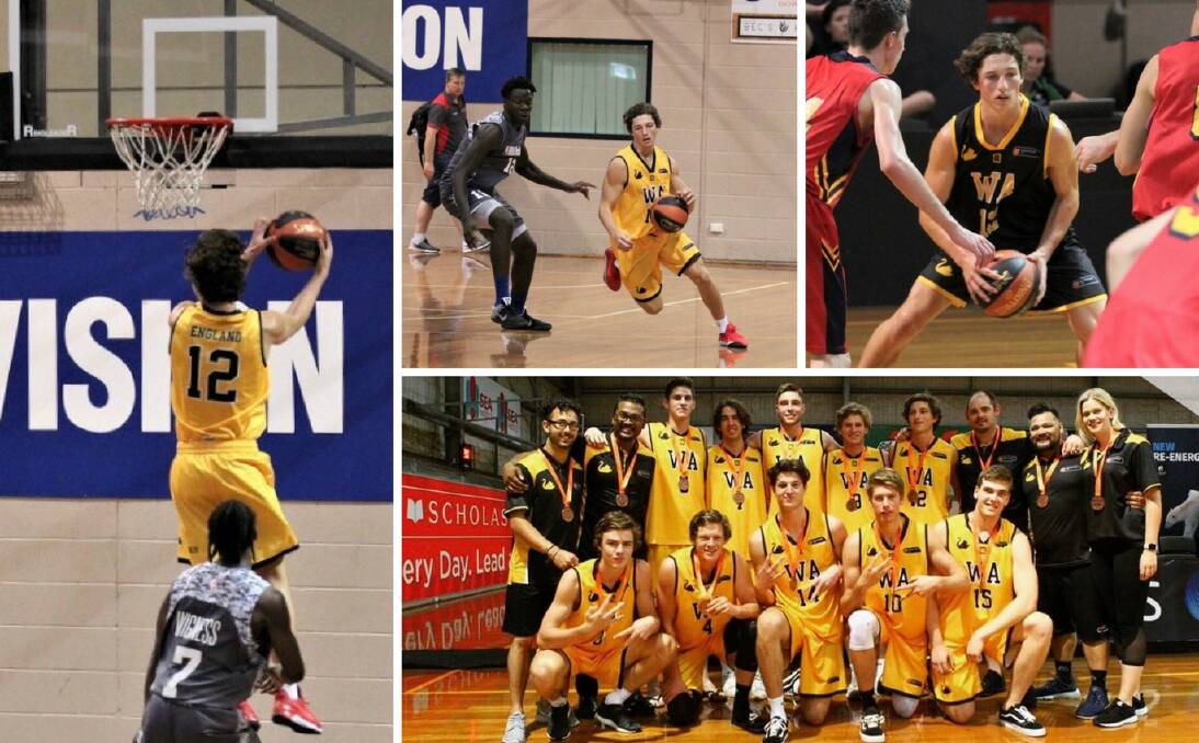 On the court: Brody England played alongside fellow WA basketballers in the Under 20s' national championships earlier this month. The side clinched the bronze medal. Photos: Supplied. 