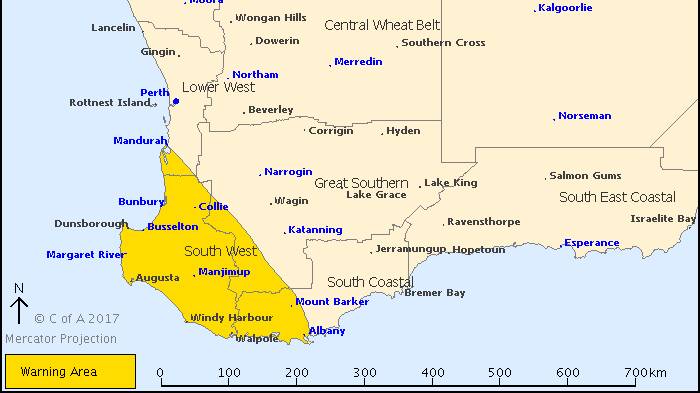 The Bureau of Meteorology has issued a severe wind weather warning for people in the South West and parts of Lower West, South Coastal and Great Southern districts.