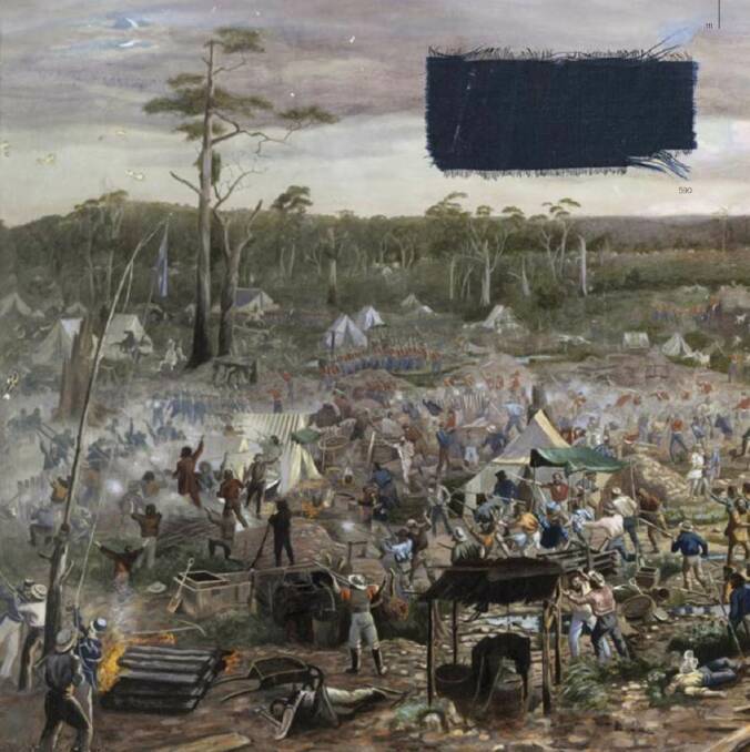 Flag flying: a imagined version of the Eureka Stockade at the height of the action ion 1854. The flag was torn down and taken by Trooper John King.