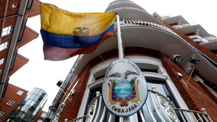 The Ecuadorian flag flies outside the Ecuadorian embassy in London, where Julian Assange has lived since 2012. Photo: Kirsty Wigglesworth.
