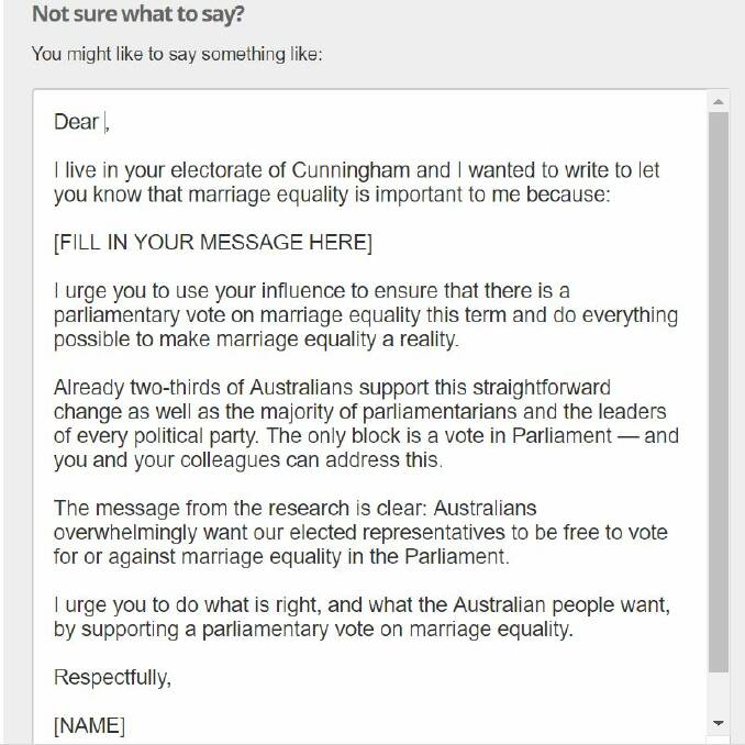 A draft letter to your MP to support same sex marriage from Australian Marriage Equality.