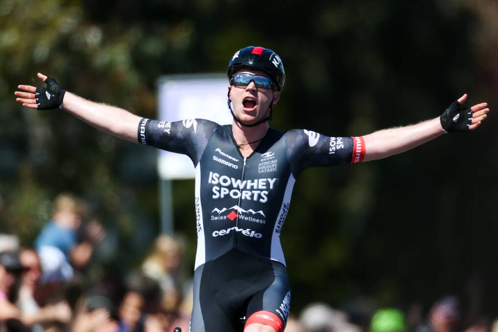 NO FLUKE: Nathan Elliott celebrates as he crosses the finish line in the Melbourne to Warrnambool, claiming back-to-back wins. Picture: Morgan Hancock