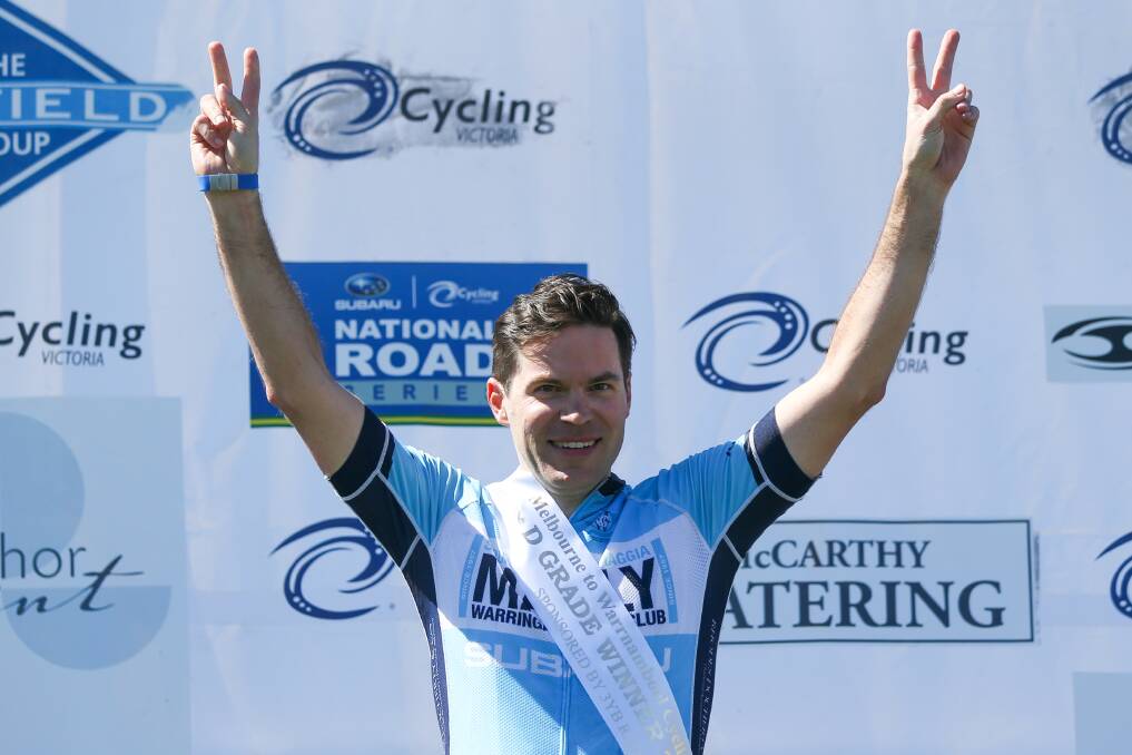 VICTORY: Alexis Kaless celebrates his D grade win in the iconic Melbourne to Warrnambool, finishing in under seven-and-a-half hours. Picture: Morgan Hancock