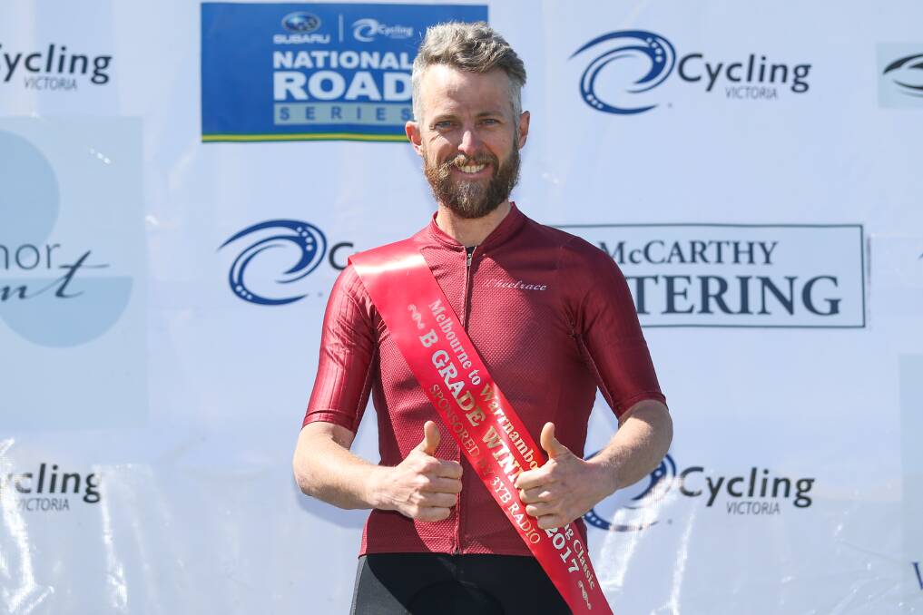 ON THE PACE: Jarrod Currie gives his B grade win two thumbs up after Saturday's 277km road race. Picture: Morgan Hancock