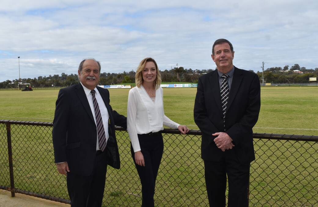 Minister for Sport and Recreation Mia Davies was in Bunbury today to unveil the new Hay Park South Multi-sports Pavilion. Pictured also: Bunbury MLA John Castrilli and Mayor Gary Brennan. Picture: Ivy James 