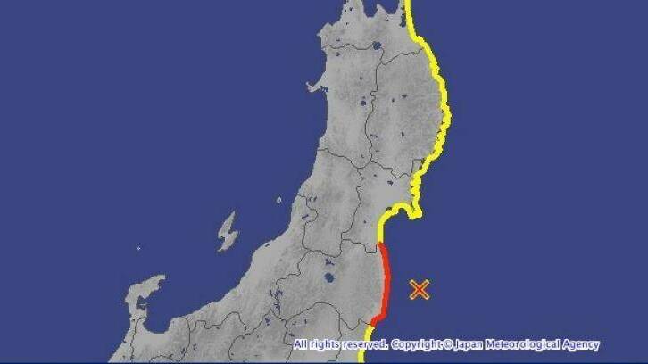 A tsunami warning has been issued for the area of coastline marked in red; the area of coastline in yellow has been issued a tsunami advisory. Photo: Japan Meteorogical Agency.