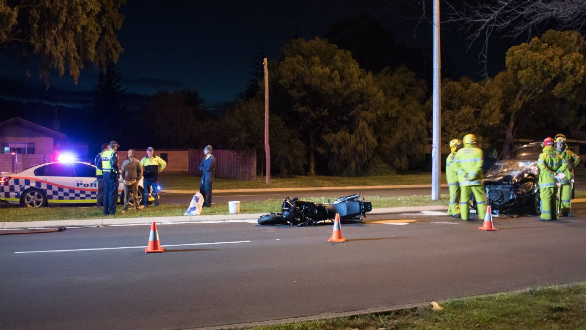 A car and motorcycle have collided at the intersection of Blair and Frankel Streets in South Bunbury.