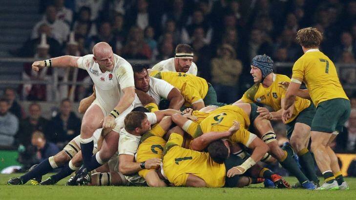 An England scrum collapses during the Rugby World Cup Pool A match between England and Australia at Twickenham in London on October 3. Photo: Matt Dunham/AP
