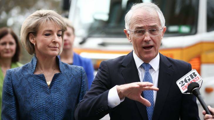 Prime Minister Malcolm Turnbull, accompanied by Employment Minister Michaelia Cash, addresses the media on Monday. Photo: Alex Ellinghausen