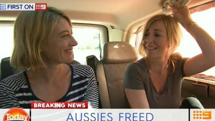 60 Minutes journalist Tara Murphy and Brisbane mum Sally Faulkner after being released from jail. Photo: 9 News