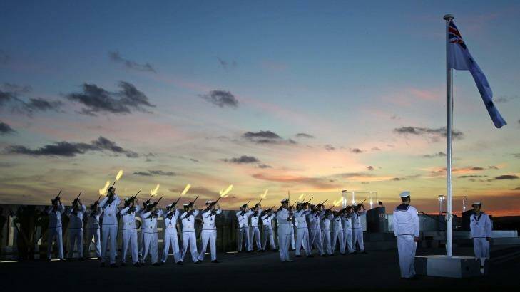 Crew of the Royal Australian Navy ship HMAS Stirling participate in dawn commemorations marking 100 years since the first Anzac (Australian and New Zealand Army Corp) troops departed for Turkey and the Western Front in World War I at Anzac Peace Park in the Western Australian city of Albany on Saturday. Photo: Australian Defence Force