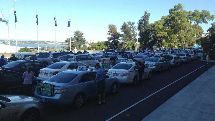 Taxis clog Parliament House in protest against the Uber service. Photo: James Mooney