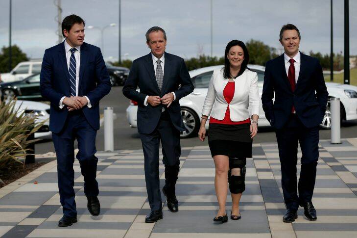 Labor MP Ed Husic, Opposition Leader Bill Shorten, candidate for Lindsay Emma Husar and Labor MP Jason Clare during a visit to the UWS Launch Pad Smart Business Centre.
Election 2016 on Opposition Leader Bill Shorten's campaign. Photo: Alex Ellinghausen Monday 13 June 2016.