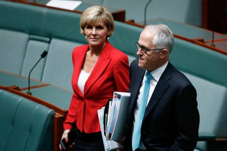 Minister for Foreign Affairs Julie Bishop and Prime Minister Malcolm Turnbull  during Question Time at Parliament House in Canberra on Thursday 26 October 2017. fedpol Photo: Alex Ellinghausen 