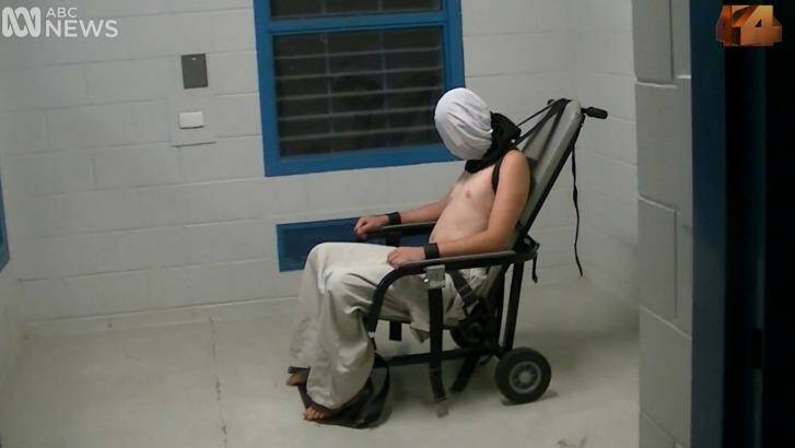 Dylan Voller in a restraining chair in the footage aired on Four Corners. Photo: ABC Four Corners