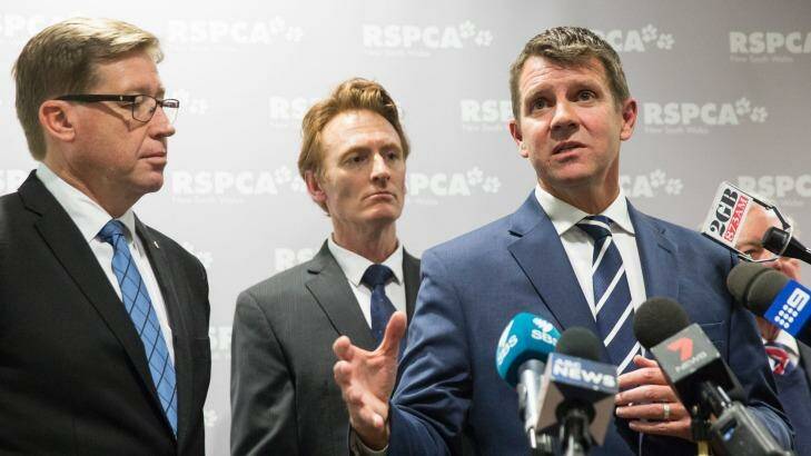 NSW Premier Mike Baird, right, joined by Deputy Premier Troy Grant, left, and RSPCA chief executive Steven Coleman, announces the details for the greyhound racing transition plan at the RSPCA Centre at Yagoona in Sydney, in July.  Photo: Jessica Hromas