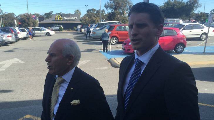 Former Prime Minister John Howard with Canning byelection candidate Andrew Hastie in Mandurah. Photo: Brendan Foster