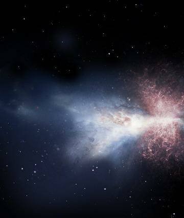 Artist's impression: red gas pours out of a galaxy with a supermassive black hole at its core. Photo: ESA/ATG medialab