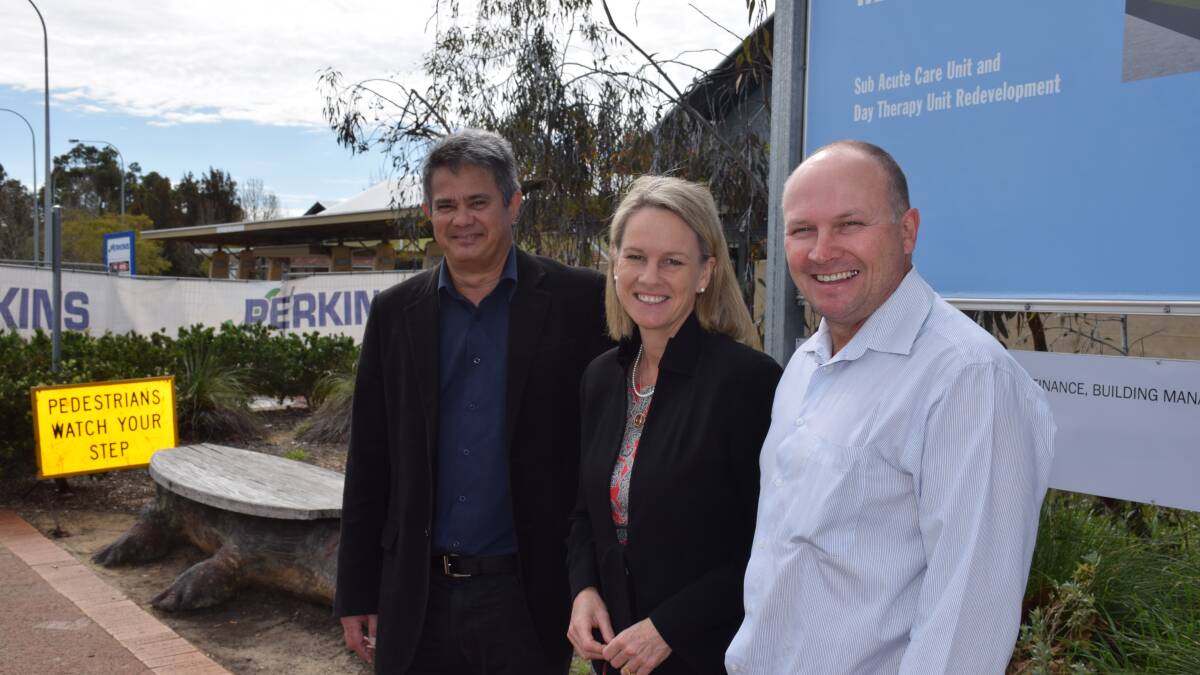 South West Aboriginal Medical Service chief executive officer Neil Fong (left) and Nationals member for the South West Colin Holt (right) join federal assistant minister for health on a tour of the SWAMS clinic and Bunbury Regional Hospital on Friday.