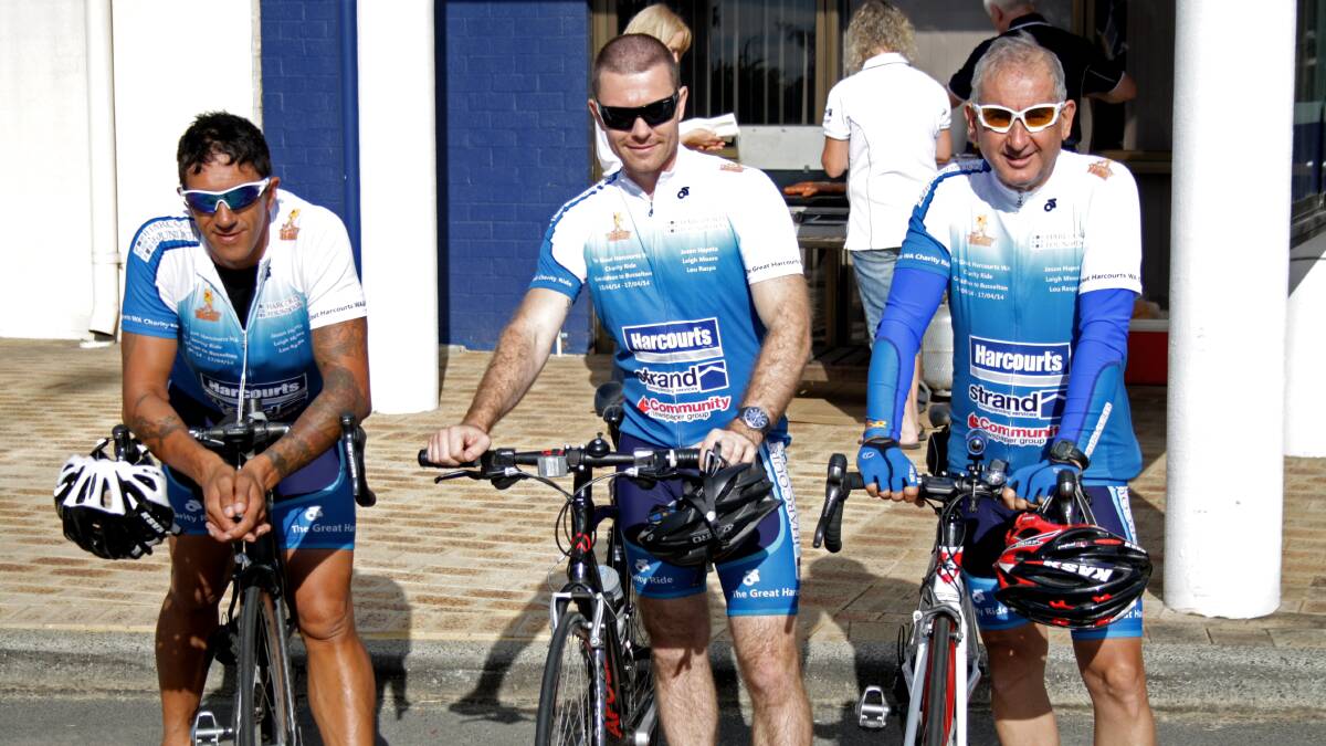 Jason Hapeta, Leigh Moore and Lou Raspa from Harcourts enjoying a quick stop in Bunbury on their ride to Busselton. 