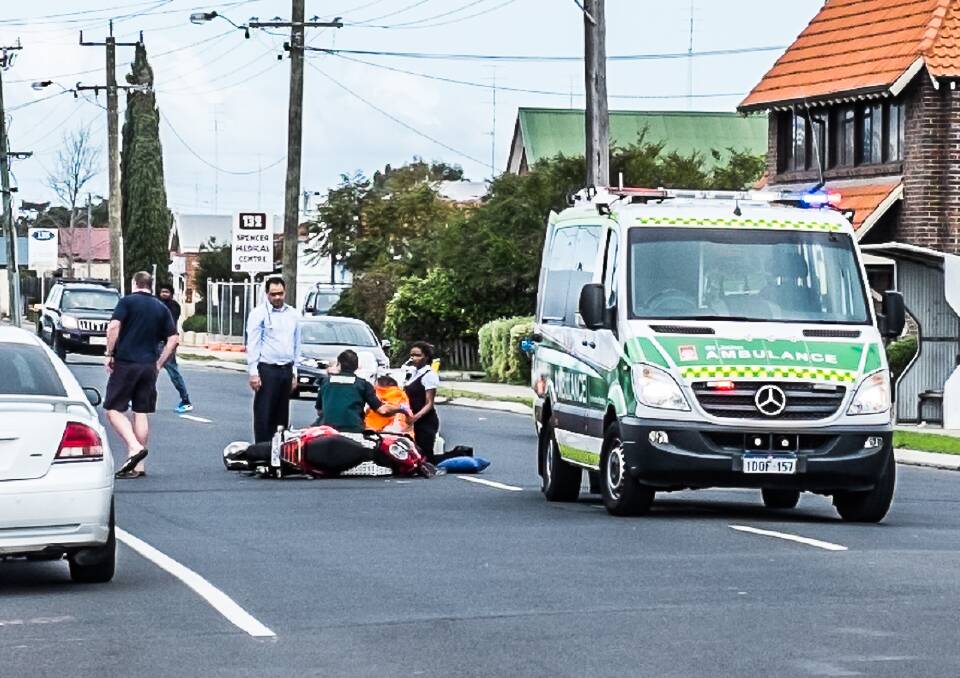 A motorcyclist and a car were involved in a crash on Spencer Street in Bunbury on Monday afternoon. Photo: Ashley Pearce.