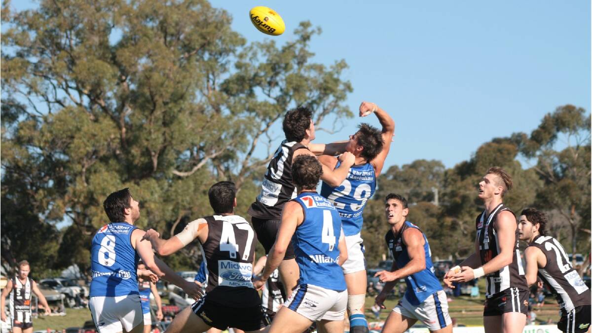East Perth ruckman and West Coast Eagles rookie Callum Sinclair (number 29) has been the dominant force in the ruck today. Photo: Andrew Elstermann/Bunbury Mail.