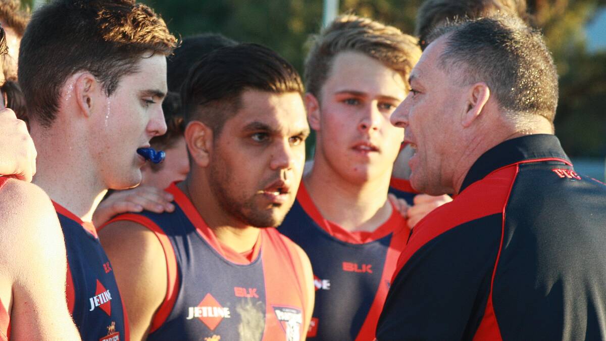 Carey Park coach John Baggetta, pictured here addressing his troops on Anzac Day, should be delighted with Matt Cavendon's efforts so far this season. Photo: Tim Carrier.