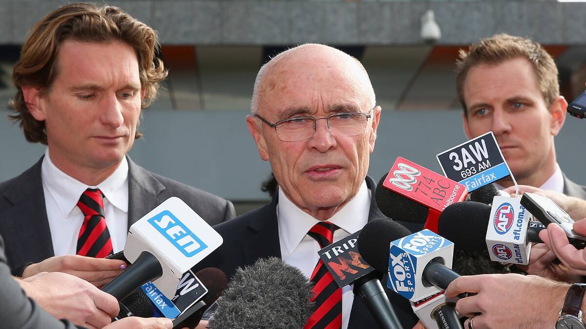 Essendon coach James Hird and chairman Paul Little speak to the media outside the Melbourne Federal Court on September 19, 2014 in Melbourne, Australia after Justice John Middleton rejected their challenge of the joint AFL-ASADA investigation into the alleged use of banned substances at the club. Photo: Getty Images.