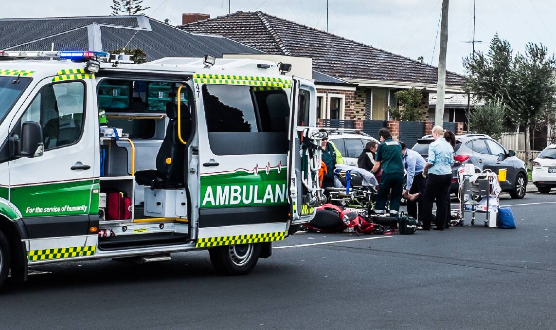 A motorcyclist and a car were involved in a crash on Spencer Street in Bunbury on Monday afternoon. Photo: Ashley Pearce.