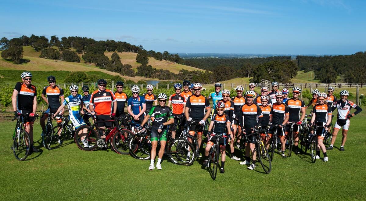Australian cycling legend Robbie McEwen with the South West Cycle Club Race team who competed in the Tour of Margaret River. 