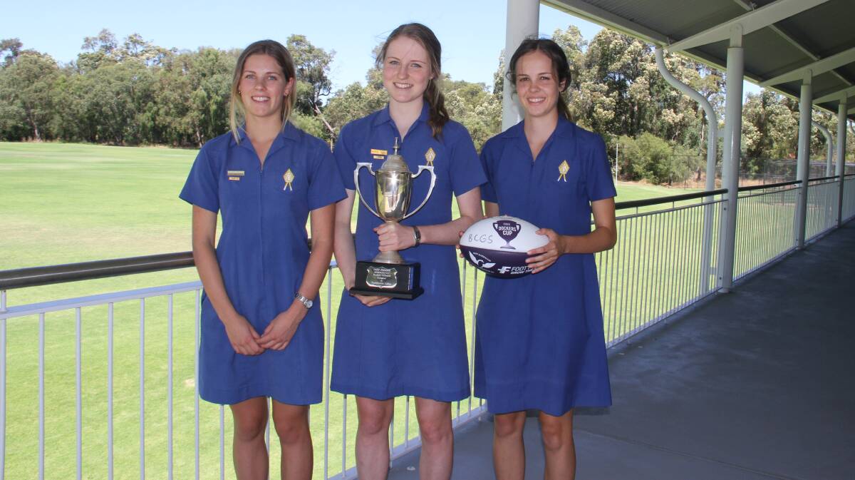 Bunbury Cathedral Grammar School year 12 students Elise Norrish, Hannah Jackson and Claudia Rowell are excited to have the opportunity to play football for the Gary Johnston Memorial Cup at part of the South West Bouncedown celebrations on March 29.