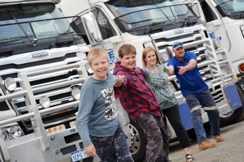 Bunbury company HTE Transport has signed up to the Val Lishman Health Research Foundation 2014 Qube Truck Pull and Festival in support of the Elson family. Pictured is Liam, Jarrod, Giselle and Greg Elson. Picture by Teneille Watson.   