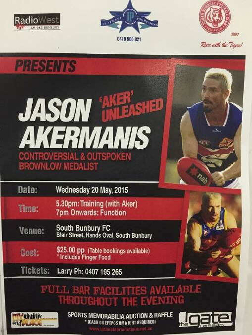 Jason Akermanis will speak for an evening at the South Bunbury Football Club on Wednesday, May 20. 