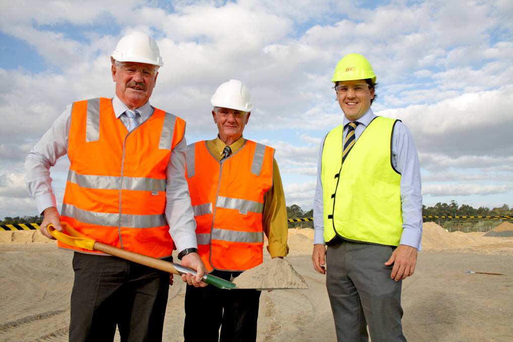 Member for Collie-Preston Mick Murray, Shire of Capel president Murray Scott and Woolworths regional development manager Damon Dimitrijevic at the site of the new Dalyellup shopping complex. 