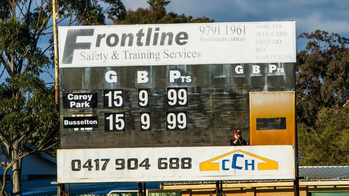 The scoreboard at full time in the 2014 elimination final clash between Carey Park and Busselton. Photo: Ashley Pearce. 