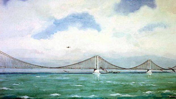 Artist's impression of a proposed bridge across the English Channel, circa 1981 